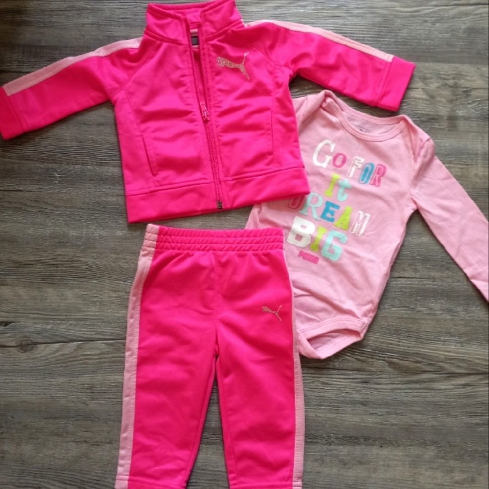 Puma 3 piece Baby girl Pink track suit jacket pants and onesie 3-6m matching